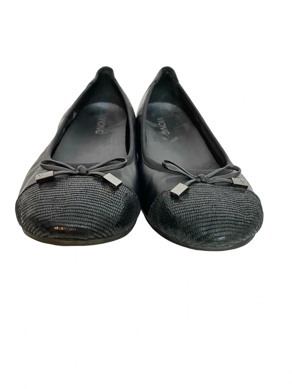 Vionic Minna Ballet Flats Shoes Womens Size 10 Black Bow Toe Cap Slides